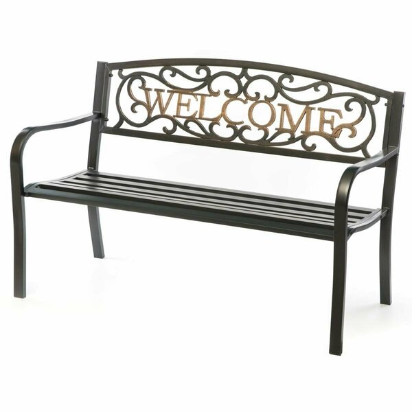 Invernaculo 34 x 50 x 24 in. Steel Outdoor Patio Garden Park Bench with Cast Iron Welcome Backrest Black IN3731550